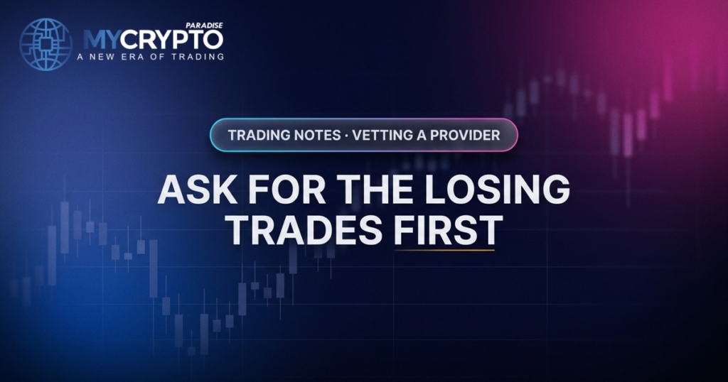 Ask for the losing trades first · Vetting a provider · MyCryptoParadise. Education only, not financial advice.