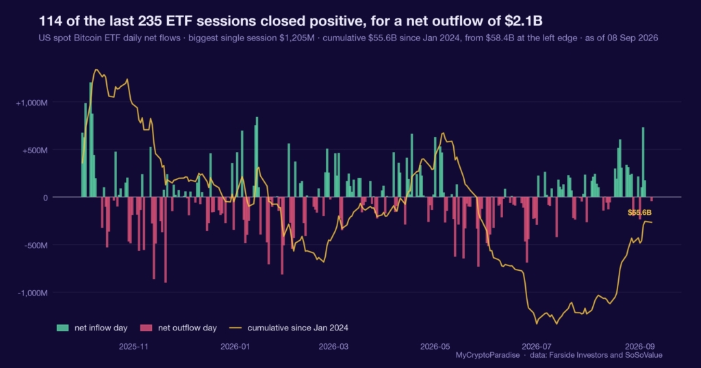Bitcoin ETF net flows: a positive week, then a one-day outflow. Chart of first-party MyCryptoParadise Insights data.