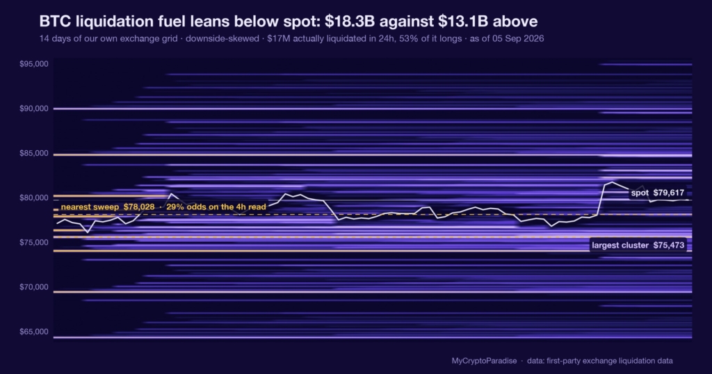 BTC short vs long liquidations, 4 September 2026. Chart of first-party MyCryptoParadise Insights data.