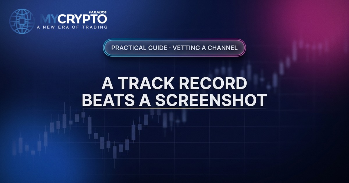 A track record beats a screenshot · Vetting a channel · MyCryptoParadise. Education only, not financial advice.