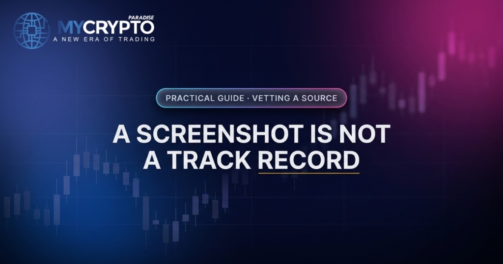 A screenshot is not a track record · Vetting a source · MyCryptoParadise. Education only, not financial advice.
