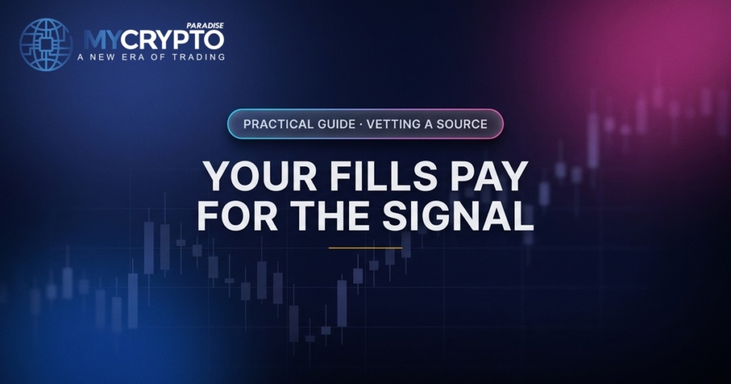 Your fills pay for the signal · Vetting a source · MyCryptoParadise. Education only, not financial advice.