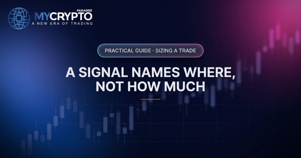 A signal names where, not how much · Sizing a trade · MyCryptoParadise. Education only, not financial advice.