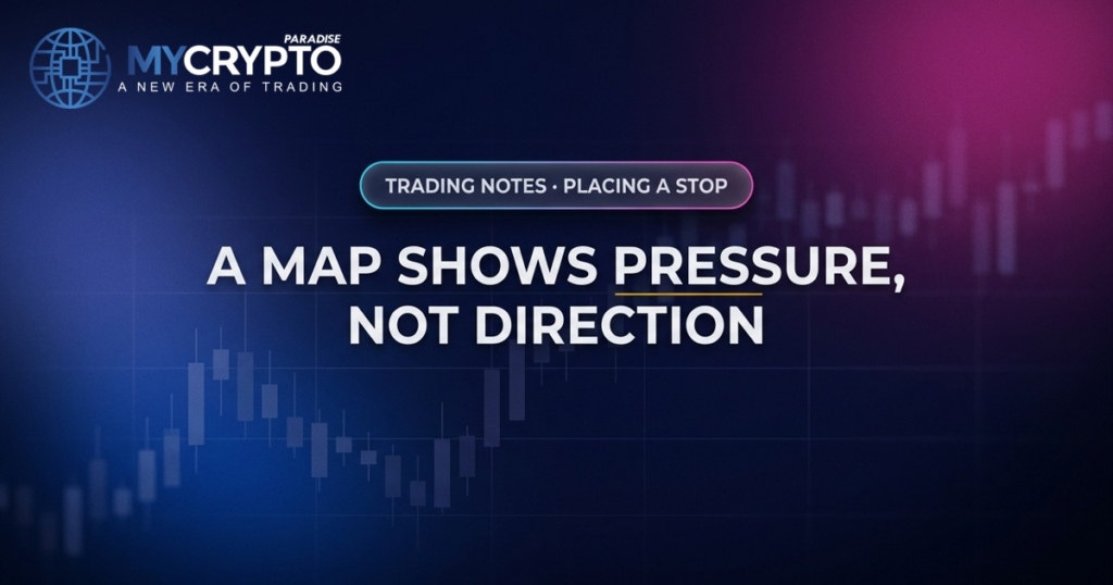 A map shows pressure, not direction · Placing a stop · MyCryptoParadise. Education only, not financial advice.