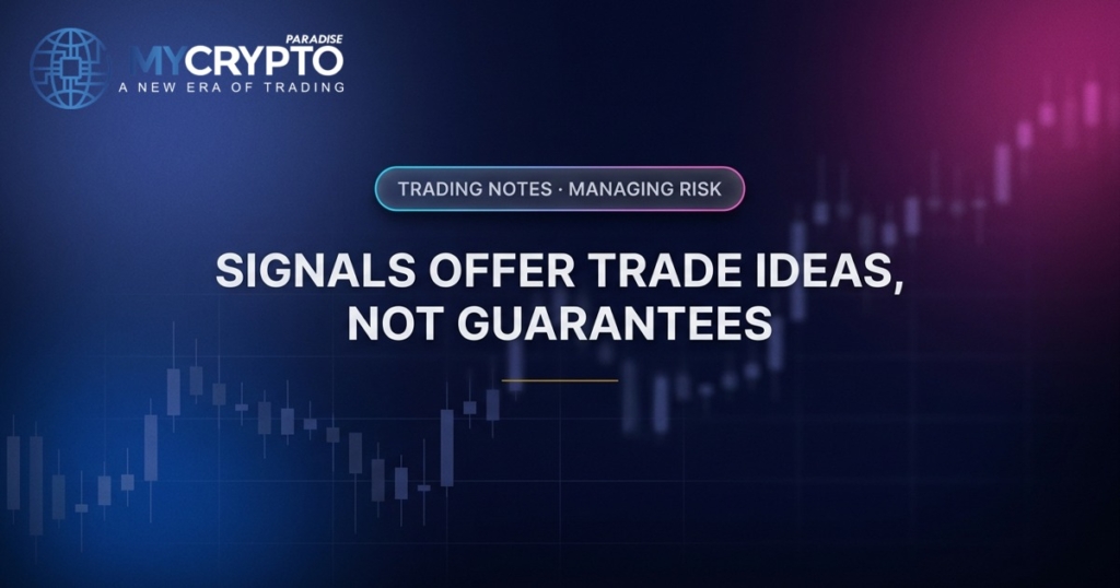 Signals offer trade ideas, not guarantees · Managing risk · MyCryptoParadise. Education only, not financial advice.