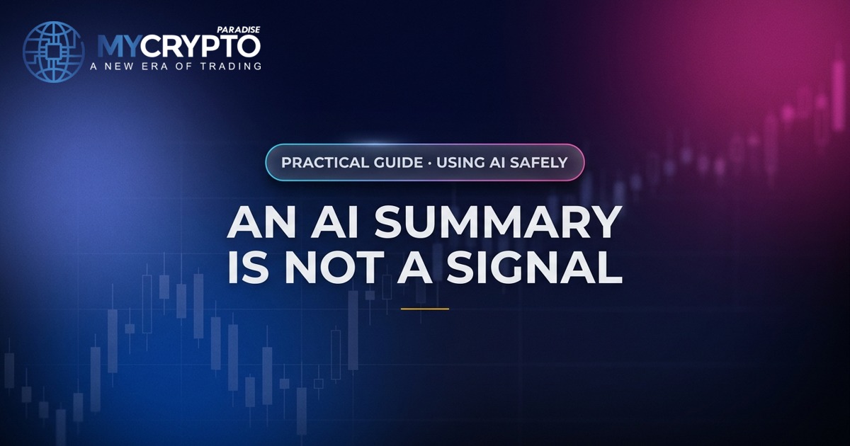 An AI summary is not a signal · Using AI safely · MyCryptoParadise. Education only, not financial advice.