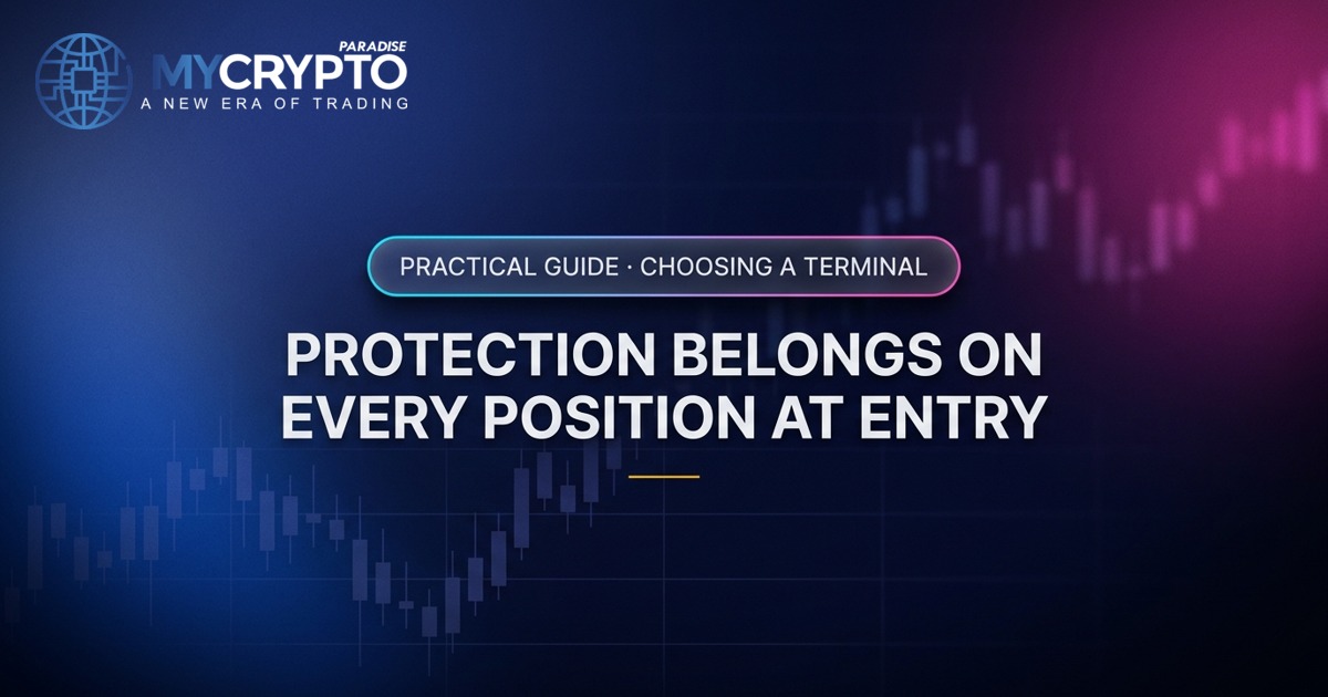 Protection belongs on every position at entry · Choosing a terminal · MyCryptoParadise. Education only, not financial advice.