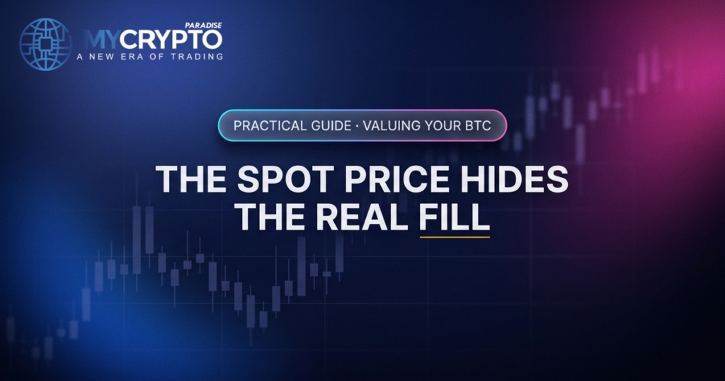 The spot price hides the real fill · Valuing your BTC · MyCryptoParadise. Education only, not financial advice.