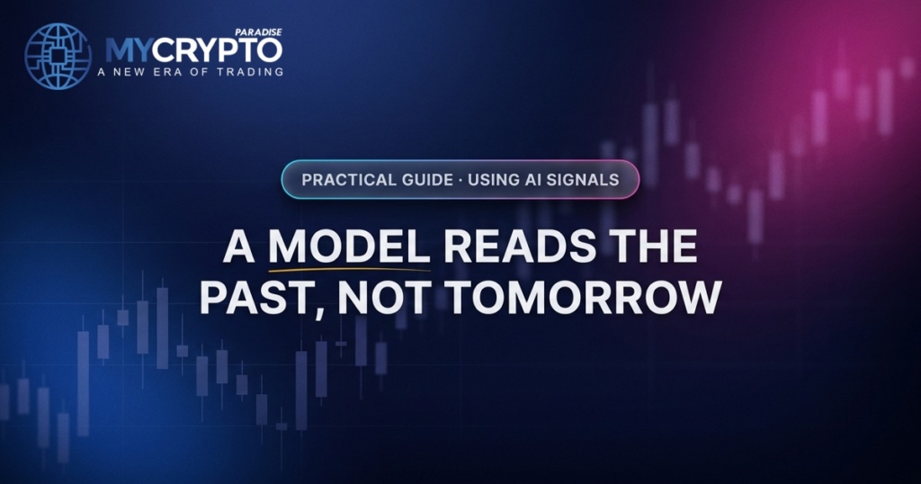 A model reads the past, not tomorrow · Using AI signals · MyCryptoParadise. Education only, not financial advice.