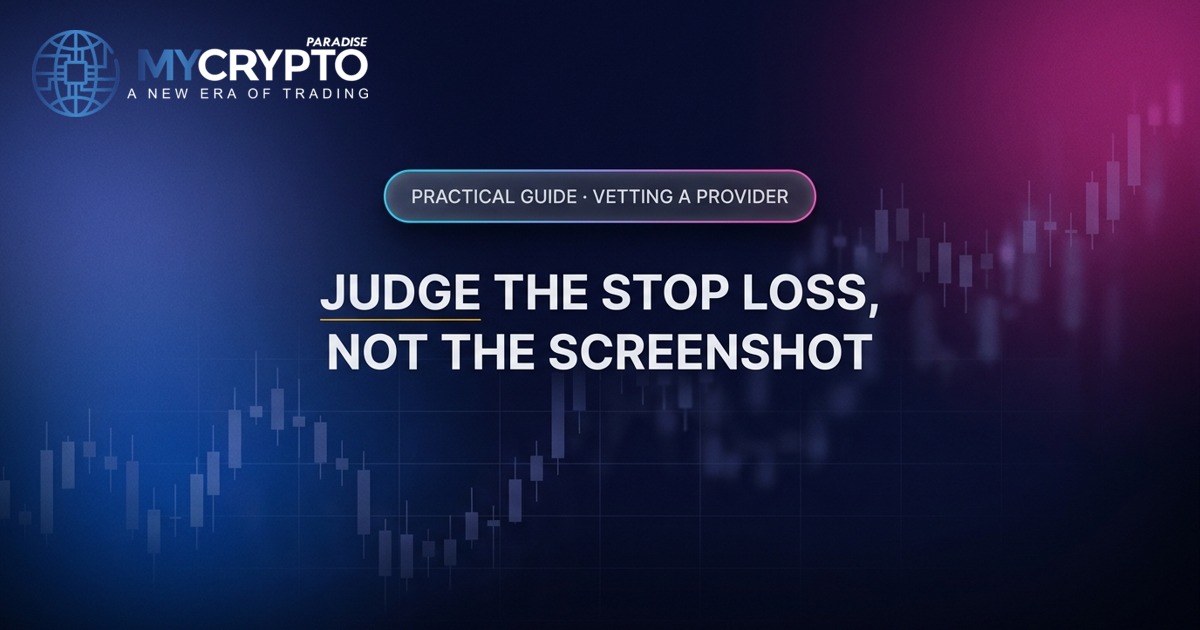 Judge the stop loss, not the screenshot · Vetting a provider · MyCryptoParadise. Education only, not financial advice.