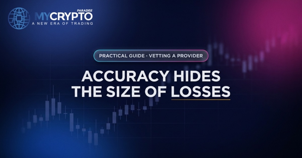 Accuracy hides the size of losses · Vetting a provider · MyCryptoParadise. Education only, not financial advice.