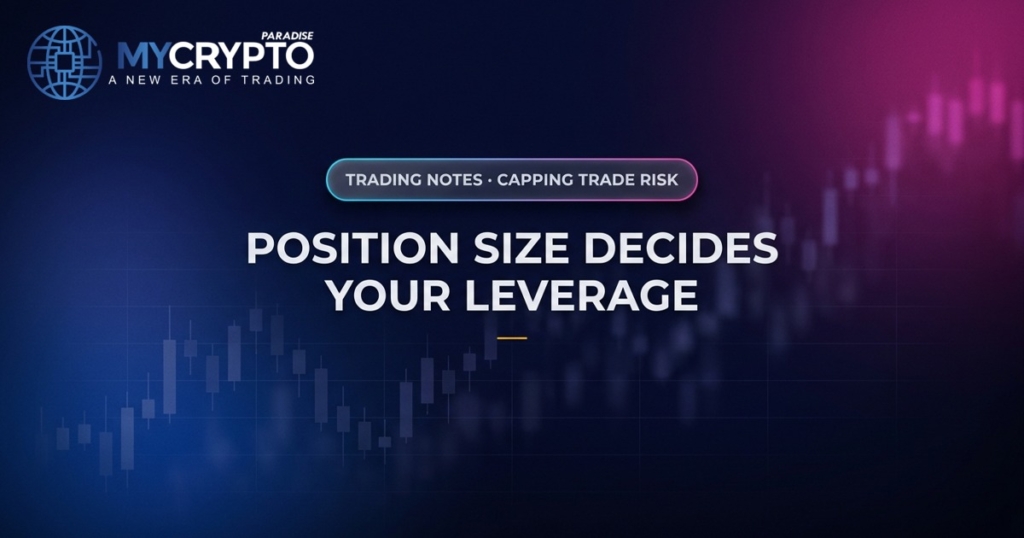 Position size decides your leverage · Capping trade risk · MyCryptoParadise. Education only, not financial advice.