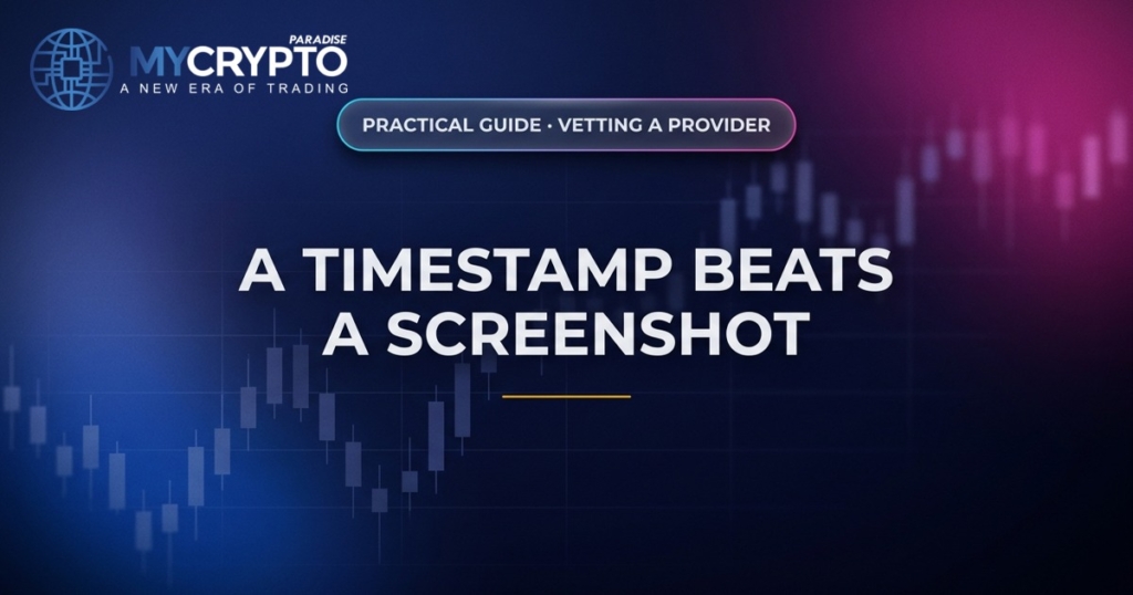 A timestamp beats a screenshot · Vetting a provider · MyCryptoParadise. Education only, not financial advice.