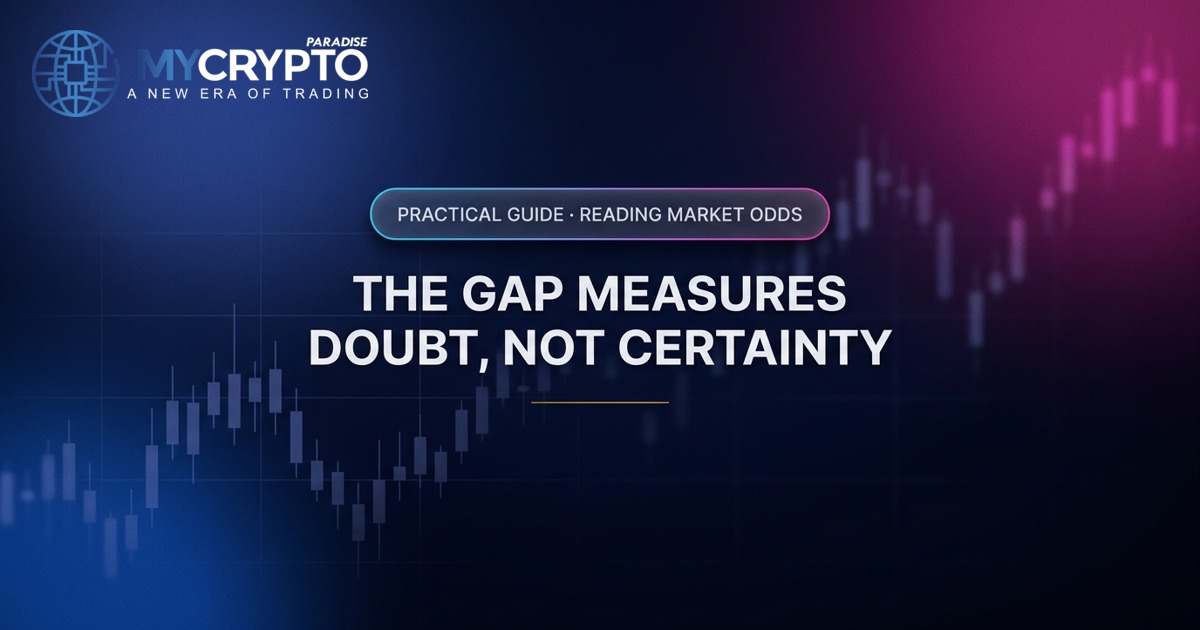 The gap measures doubt, not certainty · Reading market odds · MyCryptoParadise. Education only, not financial advice.