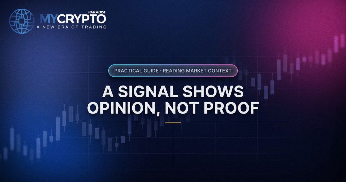 A signal shows opinion, not proof · Reading market context · MyCryptoParadise. Education only, not financial advice.
