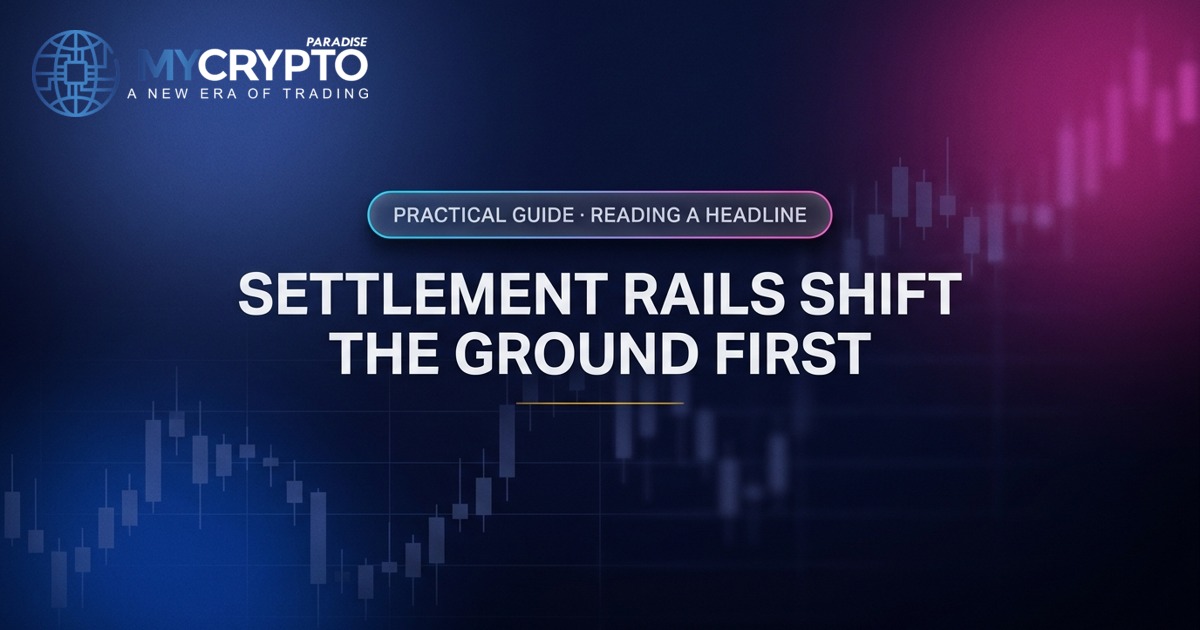 Settlement rails shift the ground first · Reading a headline · MyCryptoParadise. Education only, not financial advice.