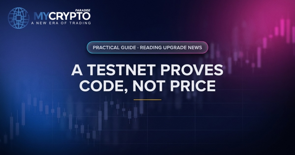 A testnet proves code, not price · Reading upgrade news · MyCryptoParadise. Education only, not financial advice.