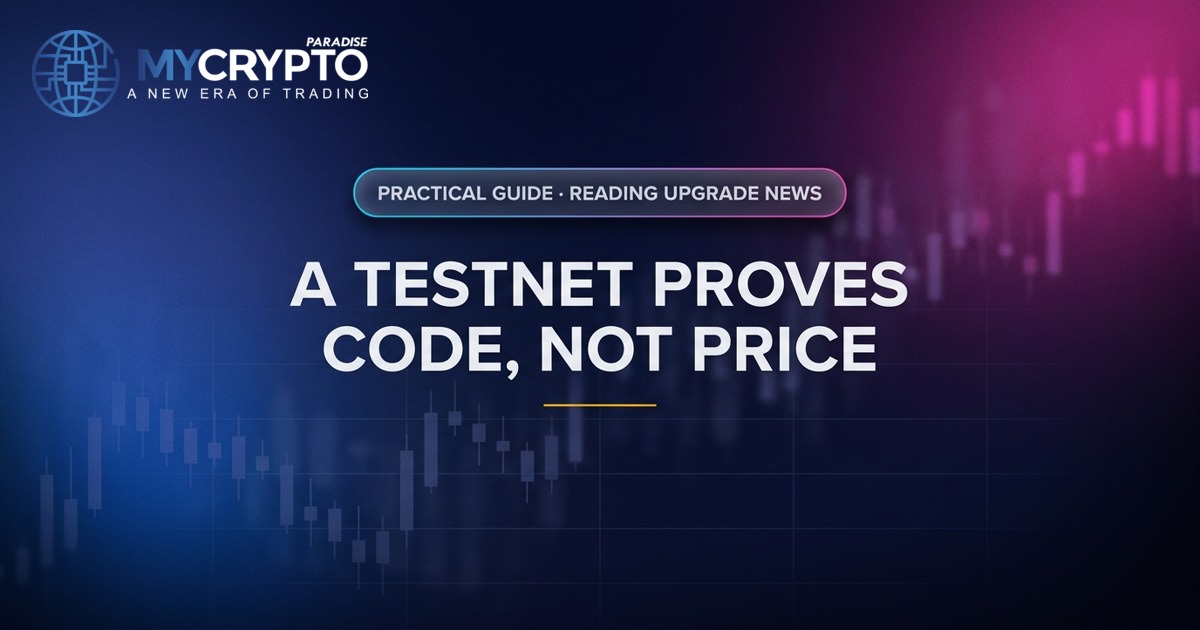 A testnet proves code, not price · Reading upgrade news · MyCryptoParadise. Education only, not financial advice.