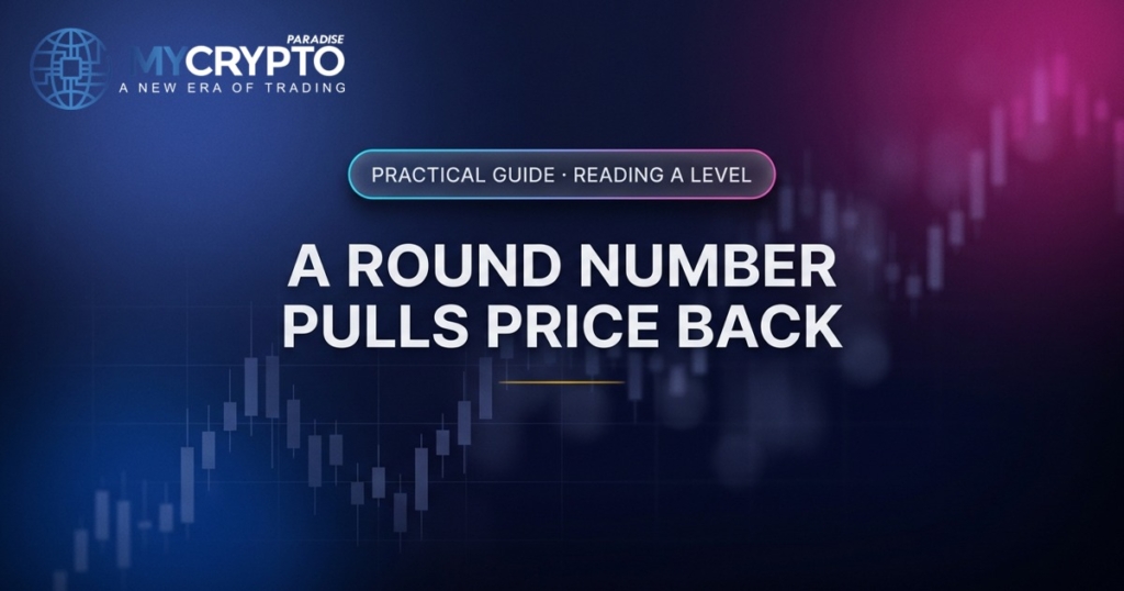 A round number pulls price back · Reading a level · MyCryptoParadise. Education only, not financial advice.