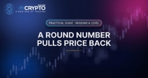 A round number pulls price back · Reading a level · MyCryptoParadise. Education only, not financial advice.