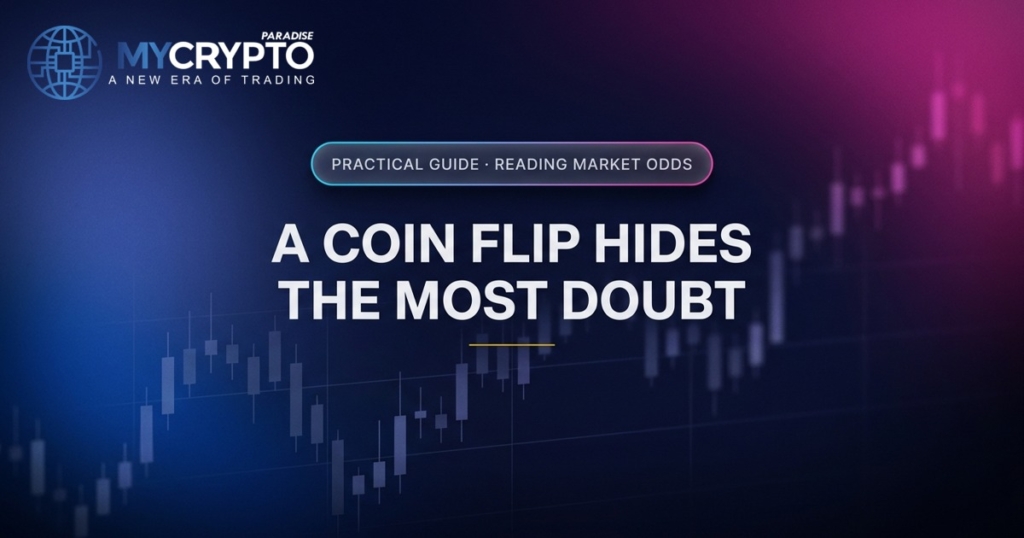 A coin flip hides the most doubt · Reading market odds · MyCryptoParadise. Education only, not financial advice.