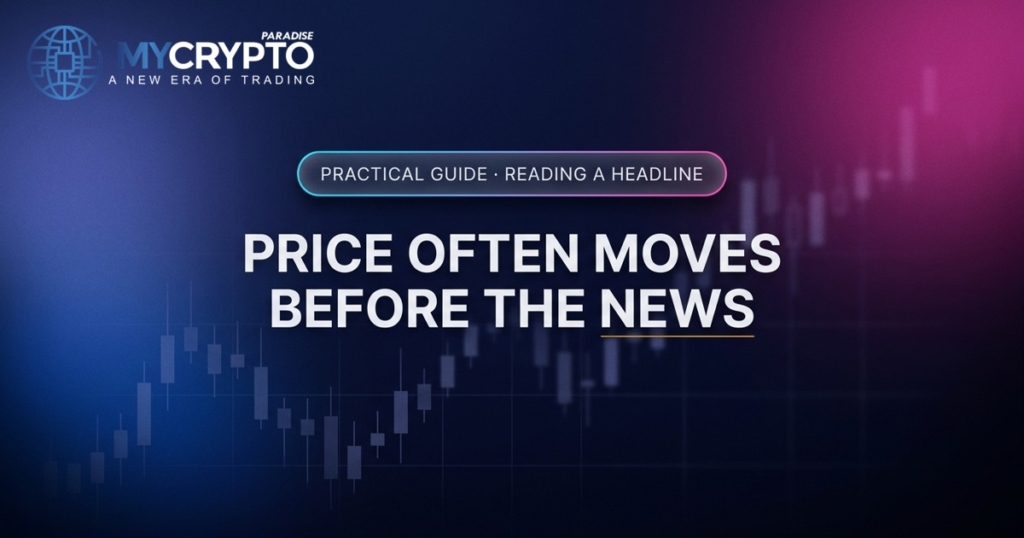 Price often moves before the news · Reading a headline · MyCryptoParadise. Education only, not financial advice.
