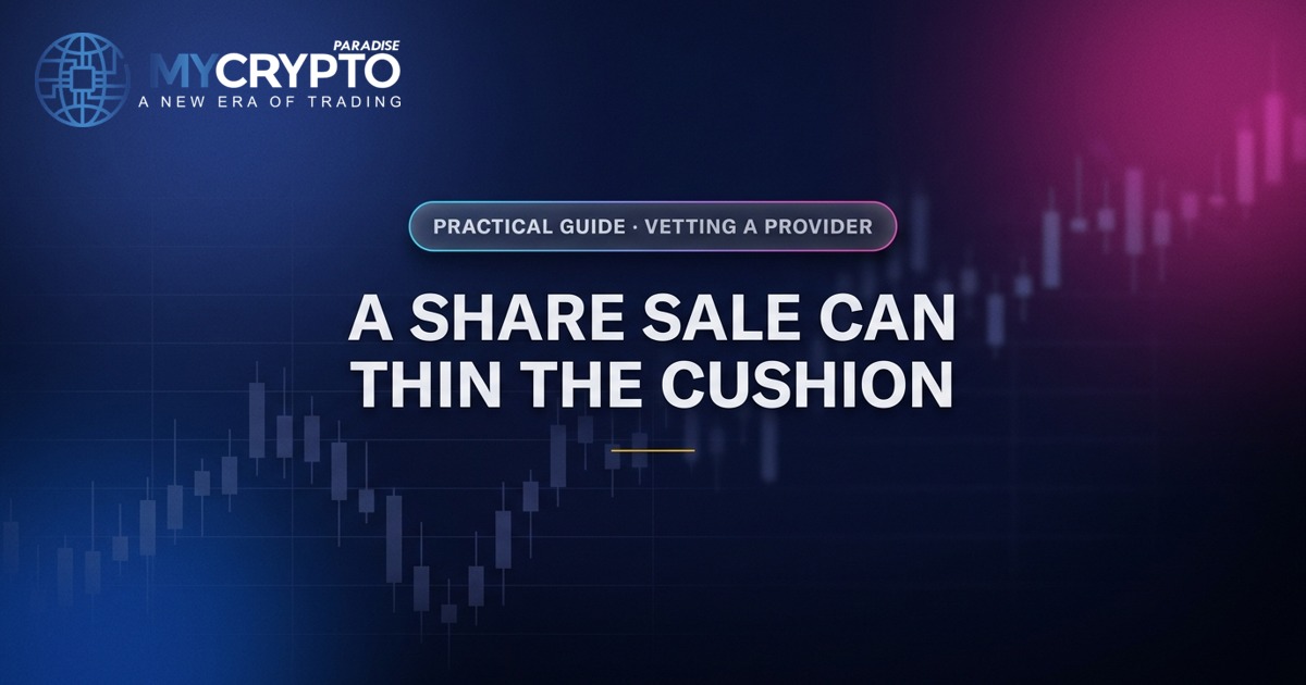A share sale can thin the cushion · Vetting a provider · MyCryptoParadise. Education only, not financial advice.