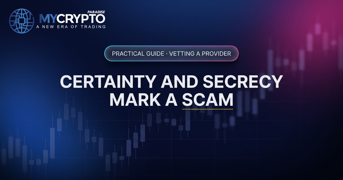 Certainty and secrecy mark a scam · Vetting a provider · MyCryptoParadise. Education only, not financial advice.