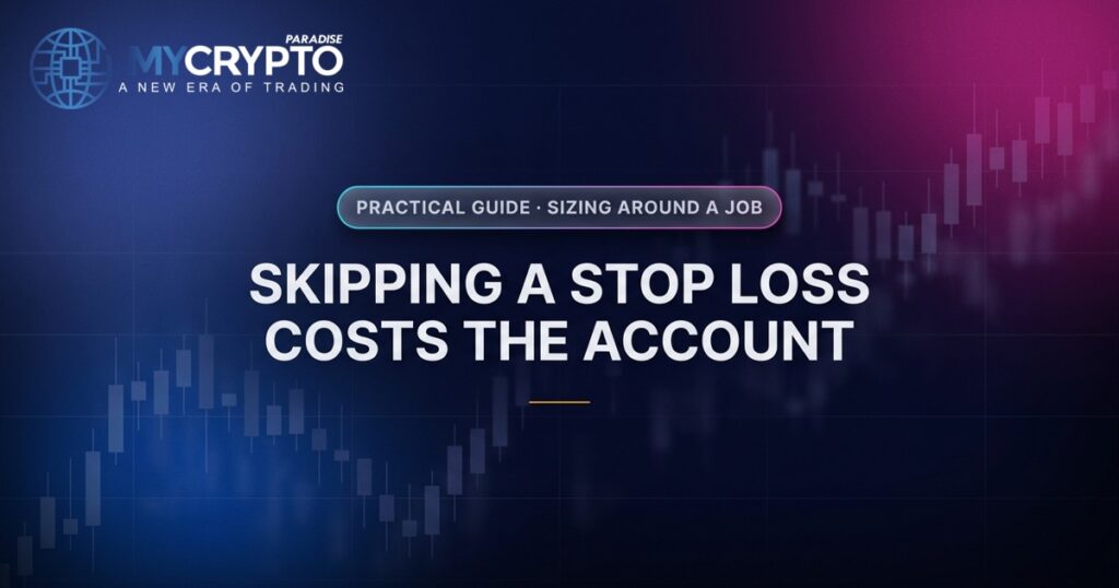 Skipping a stop loss costs the account · Sizing around a job · MyCryptoParadise. Education only, not financial advice.