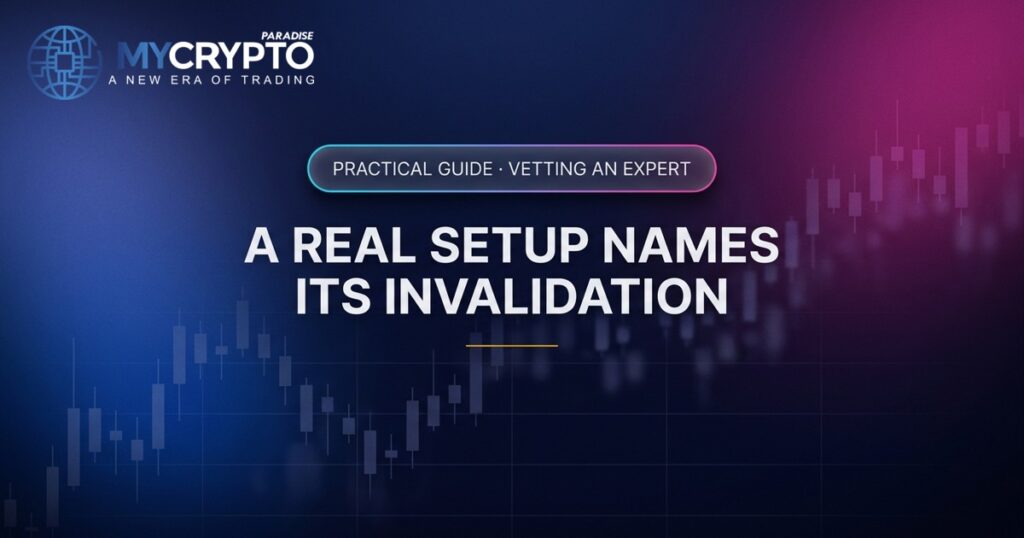A real setup names its invalidation · Vetting an expert · MyCryptoParadise. Education only, not financial advice.