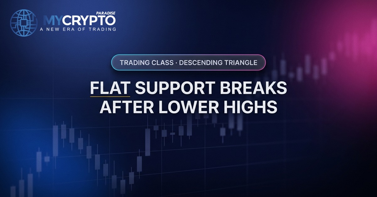 Flat support breaks after lower highs · descending triangle · MyCryptoParadise. Education only, not financial advice.