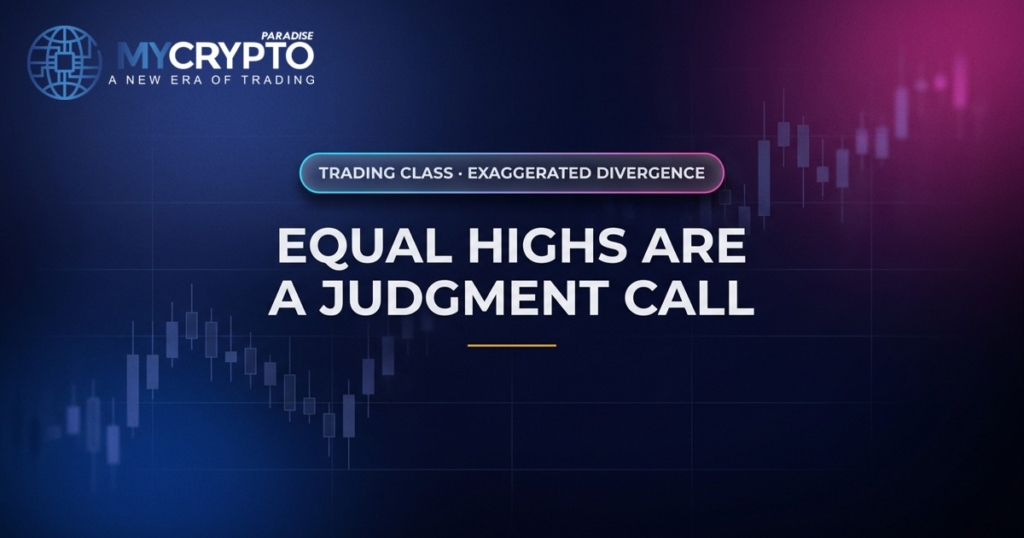 Equal highs are a judgment call · Exaggerated divergence · MyCryptoParadise. Education only, not financial advice.