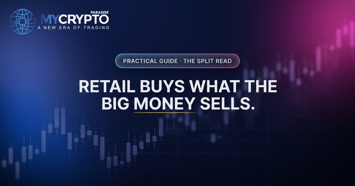 Banner for the guide on reading crypto whale alerts: retail buys what the big money sells, the split read explained