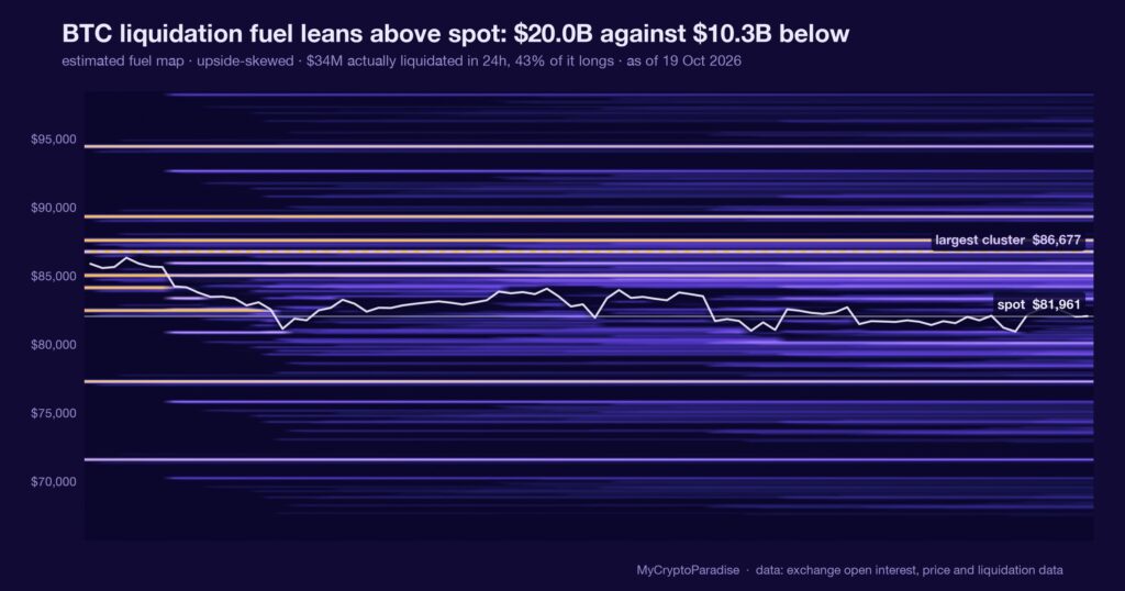 Liquidation fuel: what sits above spot vs below, BTC and ETH. Chart of first-party MyCryptoParadise Insights data.