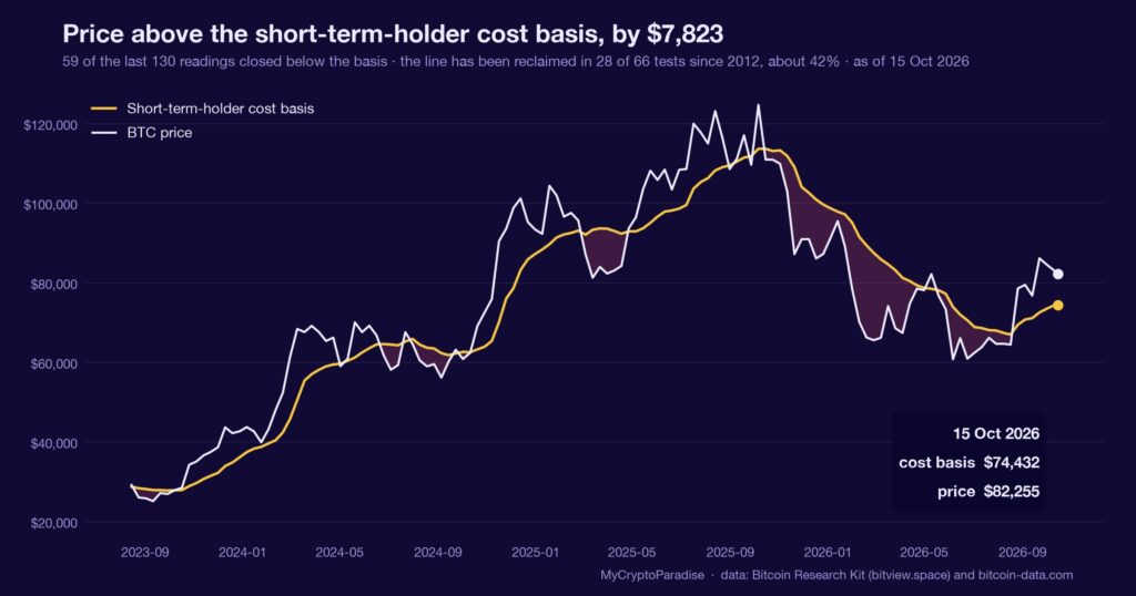 Bitcoin price versus cohort cost basis. Chart of first-party MyCryptoParadise Insights data.