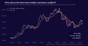 Bitcoin price versus its cohort cost bases. Chart of first-party MyCryptoParadise Insights data.