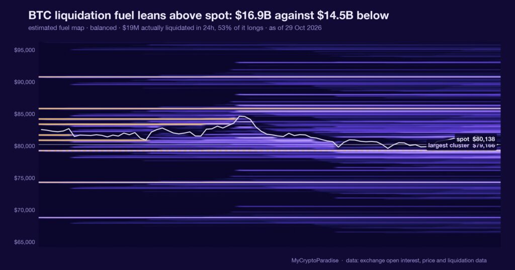 BTC liquidation fuel: balanced above and below spot. Chart of first-party MyCryptoParadise Insights data.