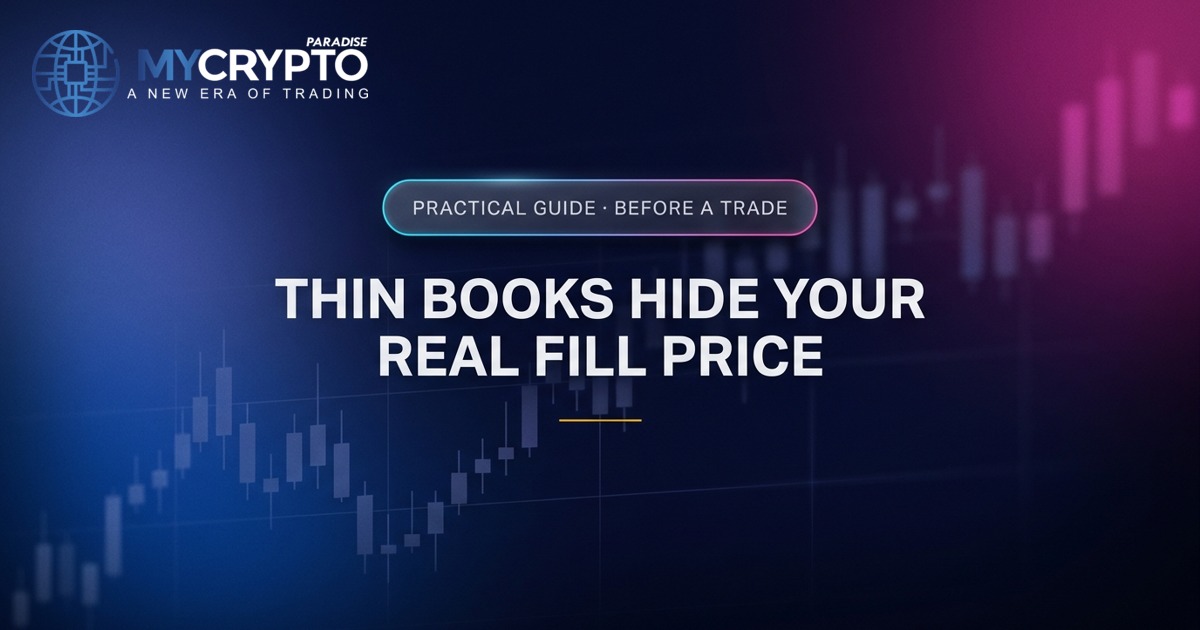 Thin books hide your real fill price · Before a trade · MyCryptoParadise. Education only, not financial advice.