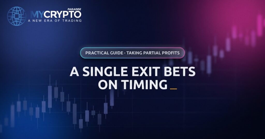 A single exit bets on timing · Taking partial profits · MyCryptoParadise. Education only, not financial advice.