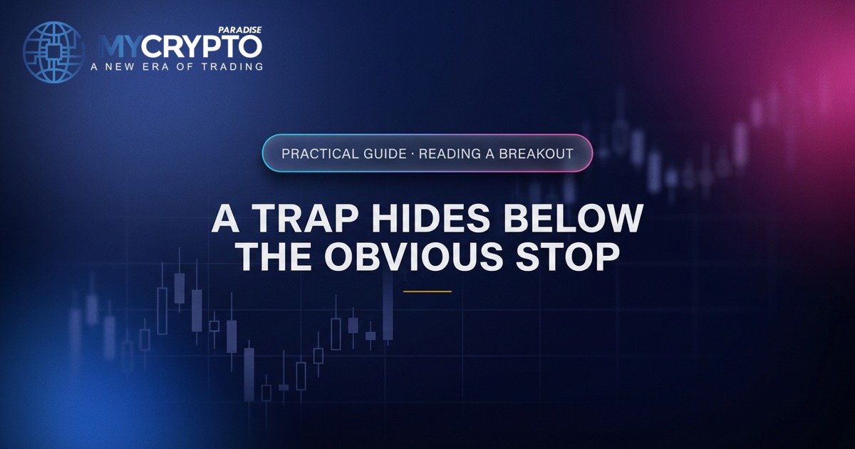 A trap hides below the obvious stop · Reading a breakout · MyCryptoParadise. Education only, not financial advice.