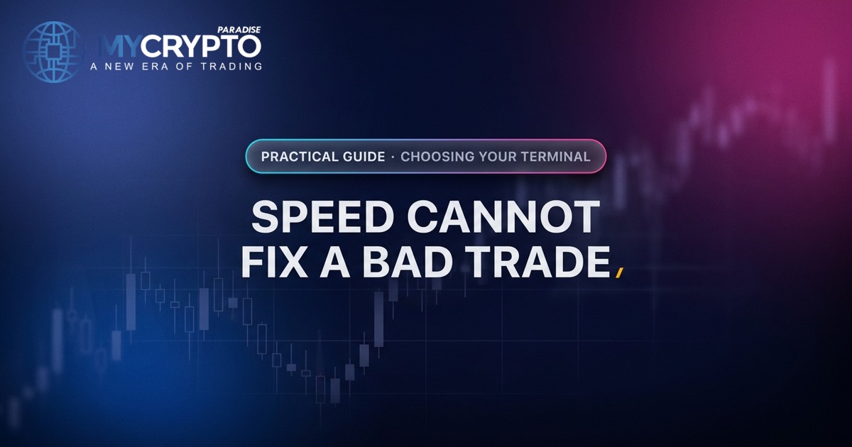 Speed cannot fix a bad trade · Choosing your terminal · MyCryptoParadise. Education only, not financial advice.