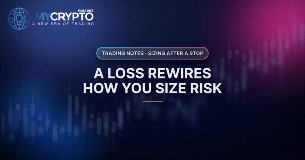 A loss rewires how you size risk · Sizing after a stop · MyCryptoParadise. Education only, not financial advice.