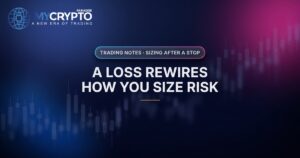 A loss rewires how you size risk · Sizing after a stop · MyCryptoParadise. Education only, not financial advice.