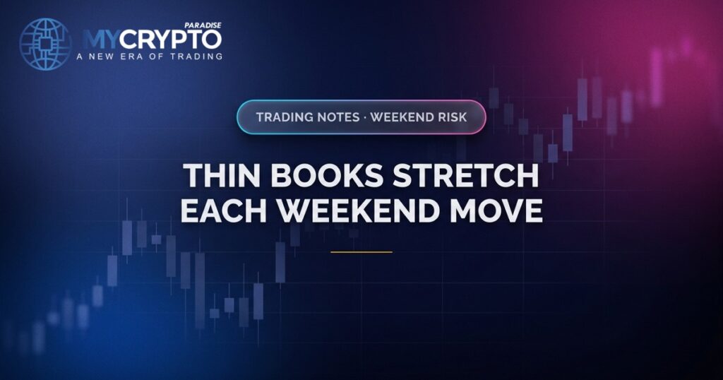 Thin books stretch each weekend move · Weekend risk · MyCryptoParadise. Education only, not financial advice.