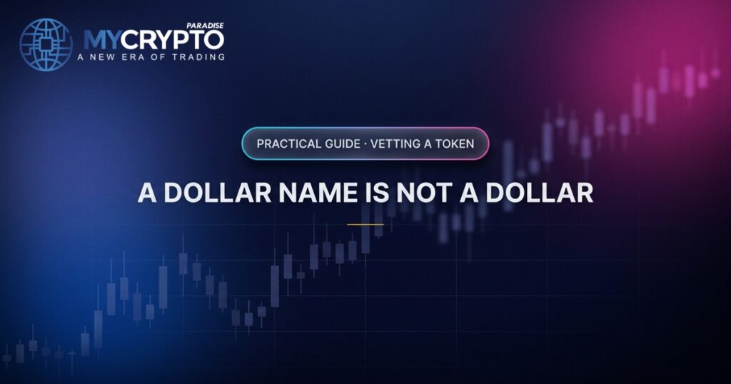 A dollar name is not a dollar · Vetting a token · MyCryptoParadise. Education only, not financial advice.