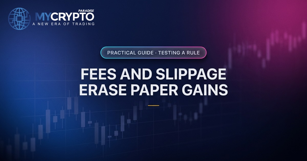 Fees and slippage erase paper gains · Testing a rule · MyCryptoParadise. Education only, not financial advice.