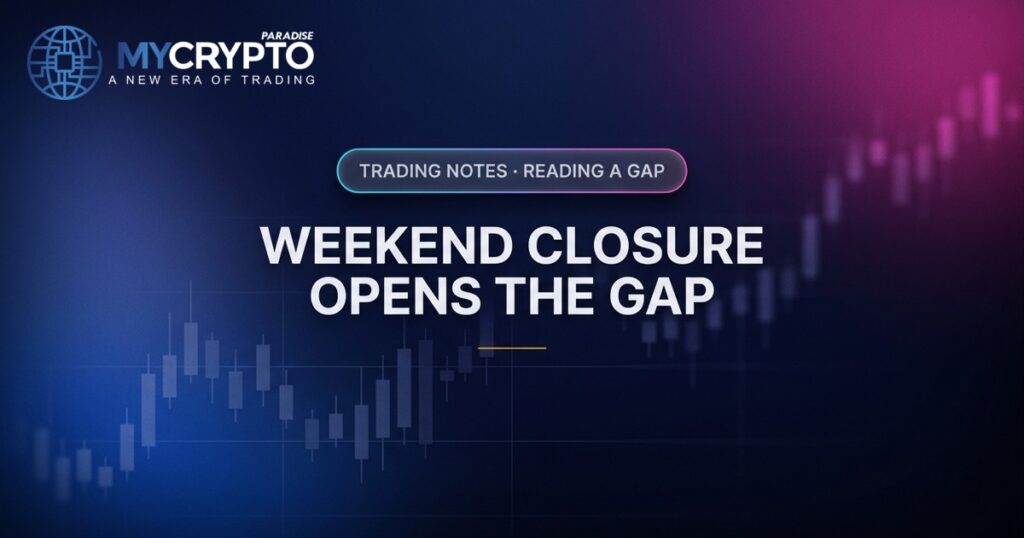 Weekend closure opens the gap · Reading a gap · MyCryptoParadise. Education only, not financial advice.
