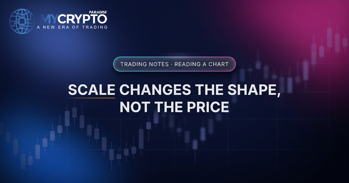 Scale changes the shape, not the price · Reading a chart · MyCryptoParadise. Education only, not financial advice.
