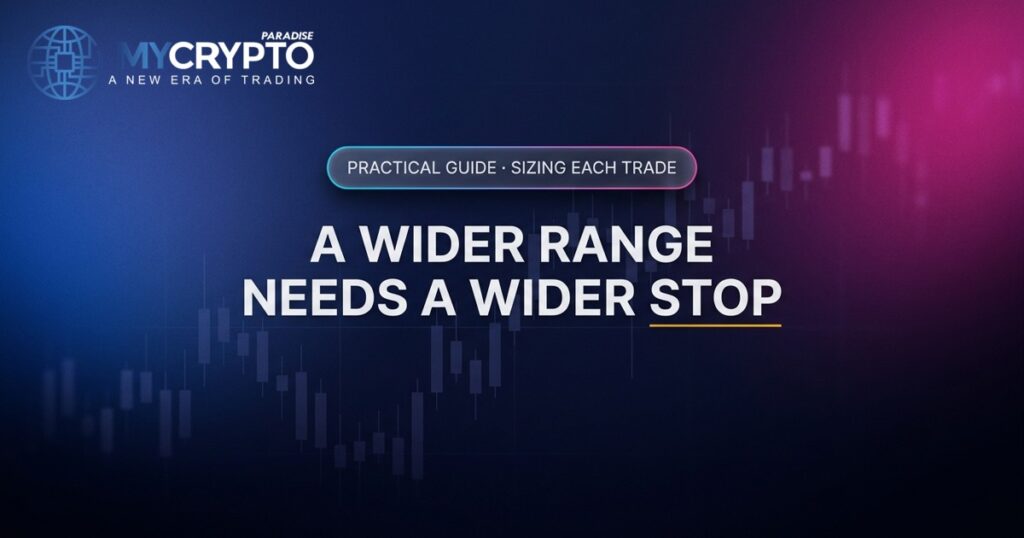 A wider range needs a wider stop · Sizing each trade · MyCryptoParadise. Education only, not financial advice.