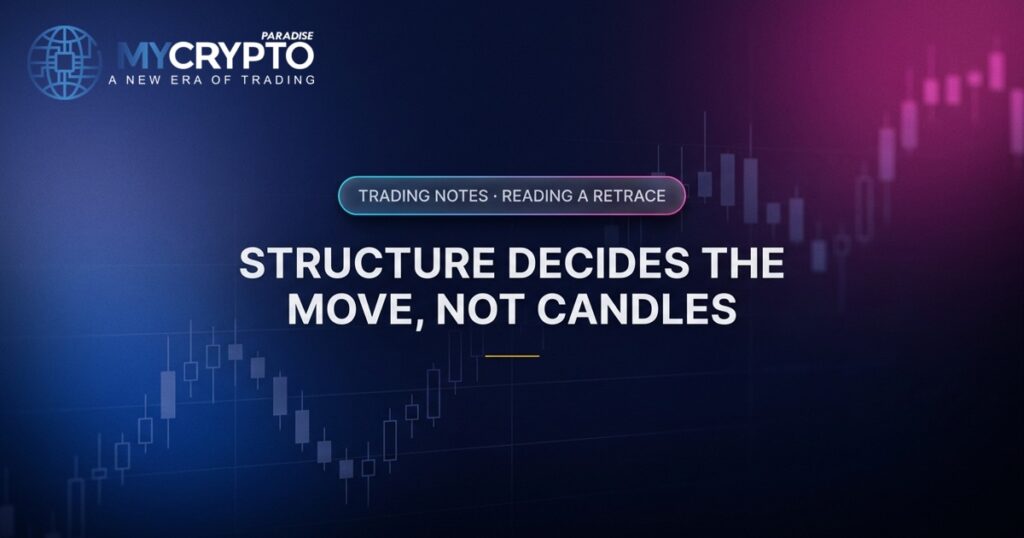 Structure decides the move, not candles · Reading a retrace · MyCryptoParadise. Education only, not financial advice.